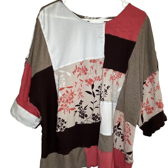 The Hazel Womens Size Large Boxy Fall Top Brown White Pink Rustic Patchwork - Picture 1 of 6